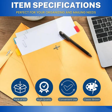 100pcs Kraft Envelopes 6x9in with Metal Clasp for Gift and Document Use