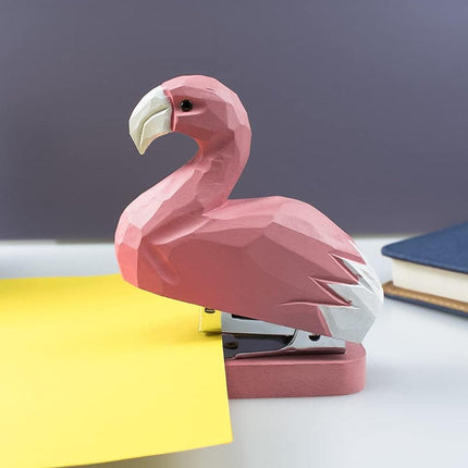 Mini Wooden Flamingo Stapler Cute Animal Carving Office Desk Accessory Tool