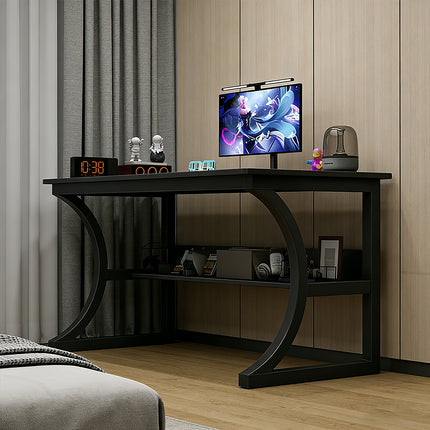 Black Desktop Computer Table 80cm with Open Shelf Cable Hole for Home Office