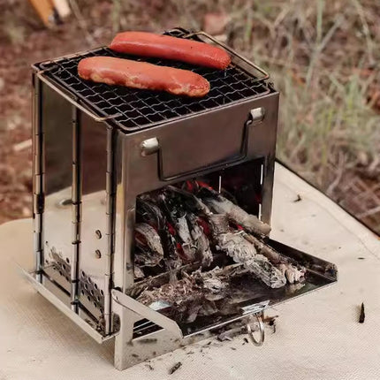 Square Wood Stove Mini Folding Grill Outdoor Camping Portable BBQ Cooking Rack