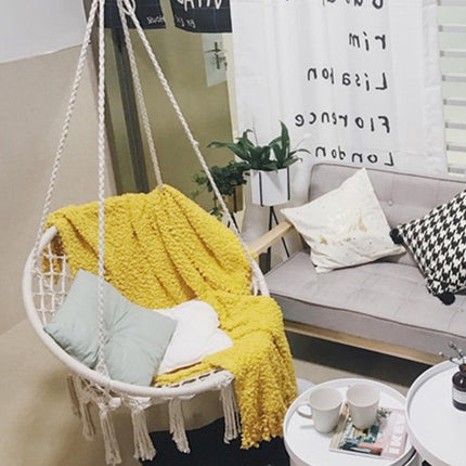 Beige Hammock Swing Chair Cotton Macrame Hanging Rope Seat Indoor Outdoor Patio