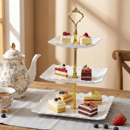 4PCS Set 3 Tier Cake Display Stand White with Gold Accents for Dessert Party