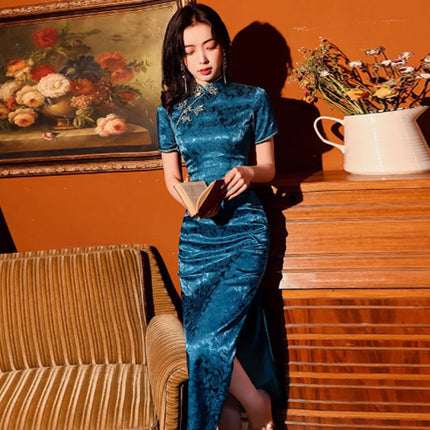 Blue Cheongsam Dress Long Retro Elegant Style Traditional Chinese Qipao Vintage