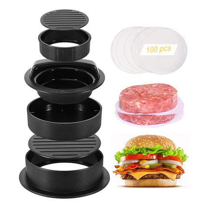 Manual Hamburger Press Round Meat Patty Mould Non Stick BBQ with 100 Wax Discs