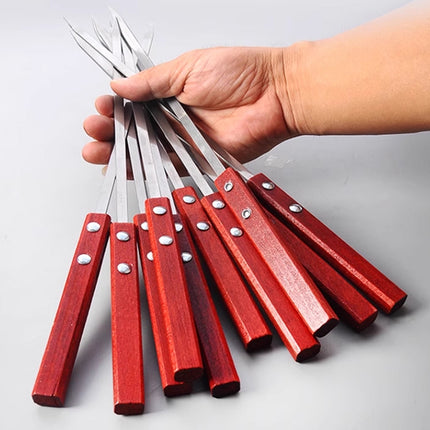 Stainless Steel BBQ Large Wooden Handle Flat Skewer Heat Resistant Easy Clean