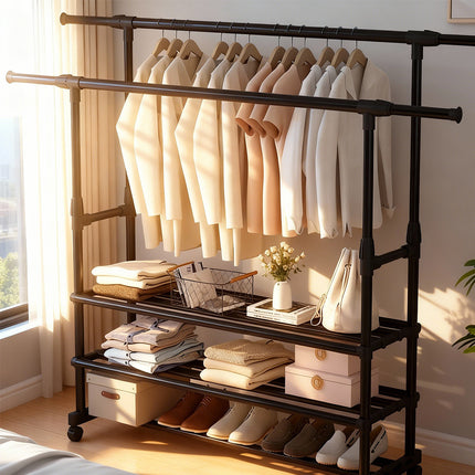 3-Tier Adjustable Height Rolling Clothes Rack Retractable Moveable with Wheels