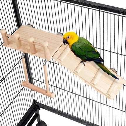 Wooden Parrot Platform Ladder Swing Toy 3 Piece Set Natural Wood Non Toxic