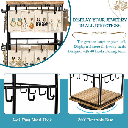 360 Rotation Earring Display Stand Wood Iron Holds 48 Pairs Jewelry Organizer