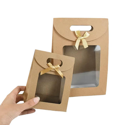 24PCS Kraft Paper Gift Bag Window Handheld Bow Clamshell Packaging Shopping Bag
