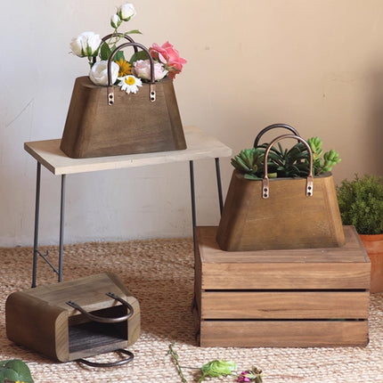 26cm Handbag Shape Flower Pot with Metal Handles in Natural Wood