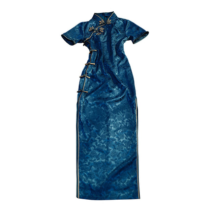 Blue Cheongsam Dress Long Retro Elegant Style Traditional Chinese Qipao Vintage