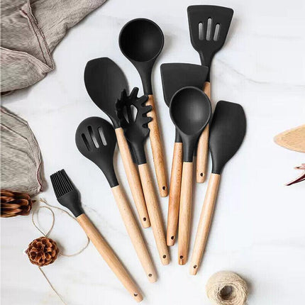 Set Of 12 Silicone Utensils Set Wooden Cooking Kitchen Baking Cookware Au  Stock