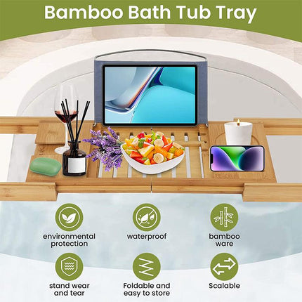 Expandable Bamboo Bath Caddy Book iPhone Wineglass Holder Over Bathtub Rack AU - Aimall