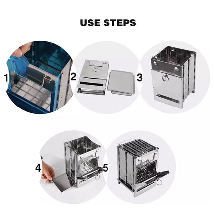 Outdoor Camping Mini Folding Wood Burning Stove Picnic Stainless Steel BBQ Grill