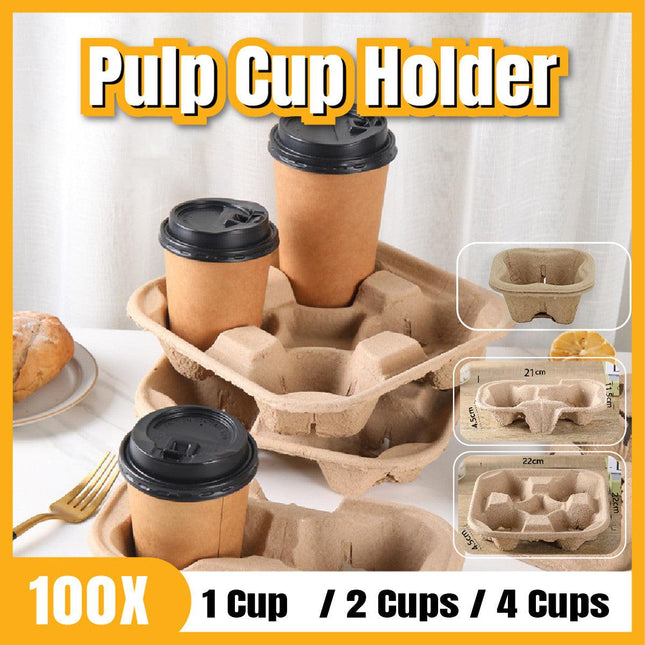 100PCS BioCup 1/2/4 Cup Carry Tray Recycled Paper Pulp Holder