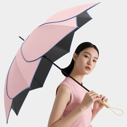 Long Handled Umbrella Petal Shape Dual Use Sun Rain 100cm Steel Wooden Handle