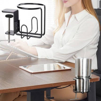 Clip-On Table Cup Holder Metal Cup Tray Adjustable Clip Anti-Slip Base Stable