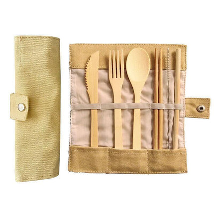 7Pcs Reusable Bamboo Cutlery Set Eco Friendly Camping Travel Fork Kit Portable A - Aimall