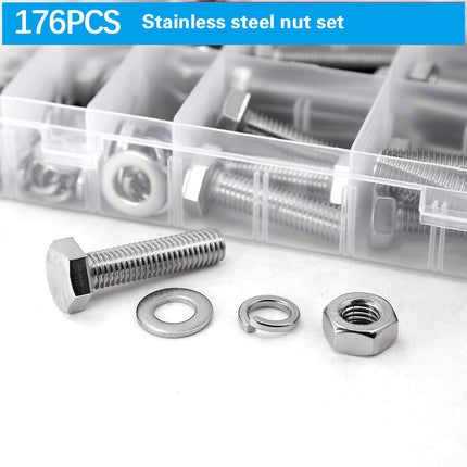 176PCS Stainless Steel Nut Set Silver Hardware Fasteners for Car Home DIY Repair