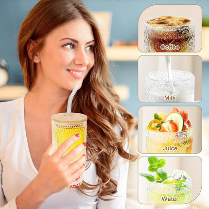 4PCS 11OZ Juice Cup with Lid and Straw Creative Glass Drink Cup for Home Office