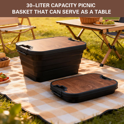 Outdoor Foldable Storage Box 30L with Wooden Lid Table Camping Picnic Car Boot