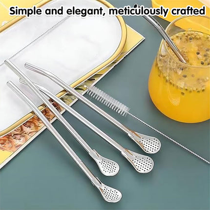5pcs Stainless Steel Straw Spoon Removable Filter Reusable Tea Juice Stirrer