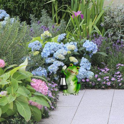 Realistic Frog Resin Sculpture with Solar Lantern for Garden and Yard