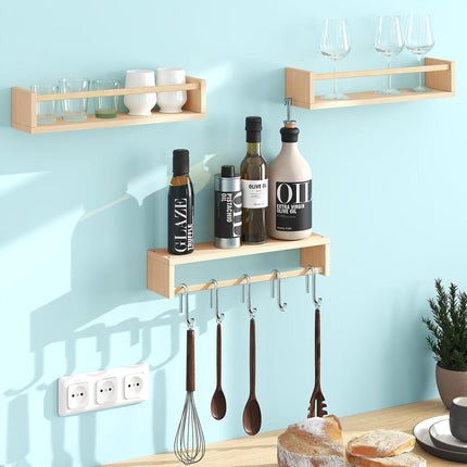 Wall Mounted Wooden Shelf Multi Purpose Home Storage Rack for Kitchen Bathroom