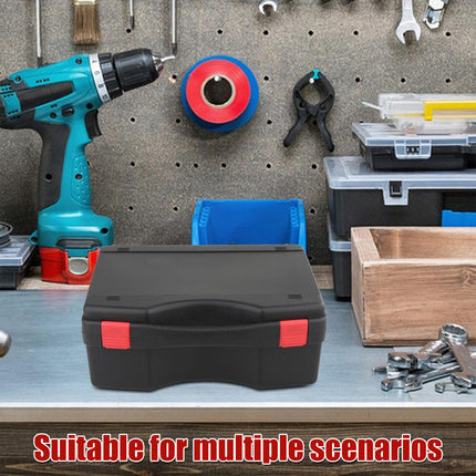 Black plastic tool box with foam insert storing electronics components - protective carry case for DIY projects