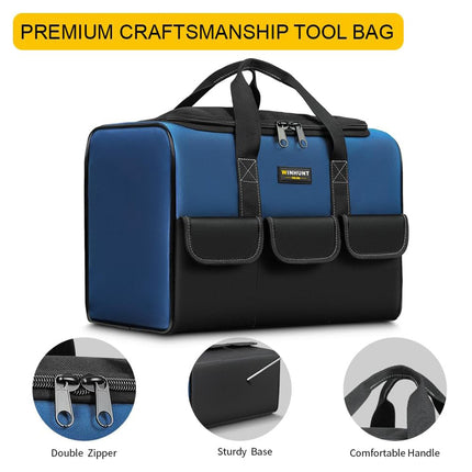 Premium craftsmans tool bag - showing double zipper, sturdy base, and comfortable handle features