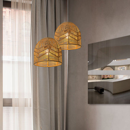 Brown Paper Rope Pendant Light Handwoven Rattan Style Lampshade for Home Decor