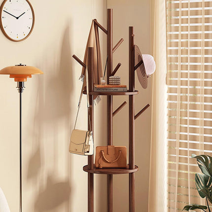 Solid Wood Floor-Standing Coat Rack with 8 Hooks Space Saving for Home Entryway