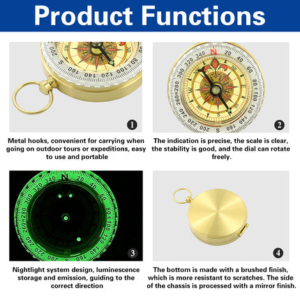 2PCS Copper Compass with Flip Cover and Hook Nightlight Camping Navigation