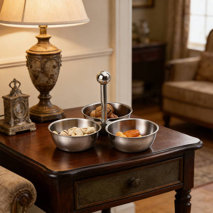 Stainless Steel 3 Bowl Snack Serving Tray Handle