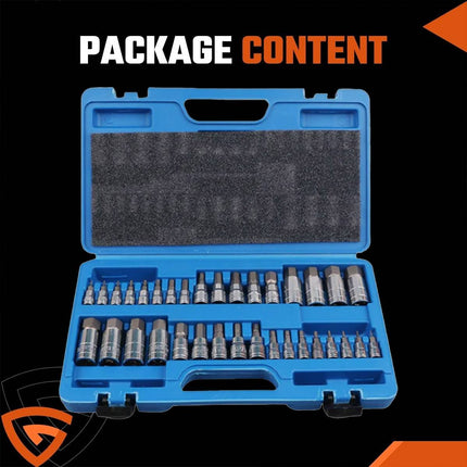 34 Piece Bit Socket Set Hex Torx Spline Chrome Vanadium Steel Mechanic Tool Case