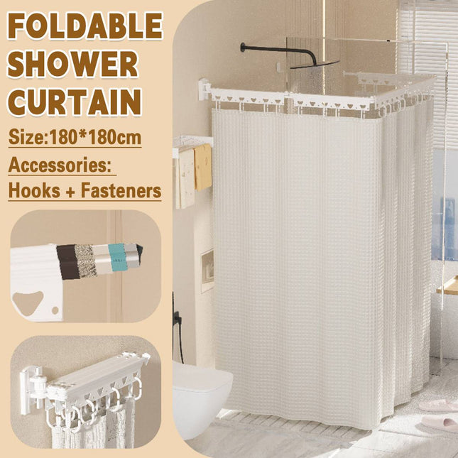Shower Curtain Set Hidden Foldable Rod No Drill White Curtain Wet Dry Separation
