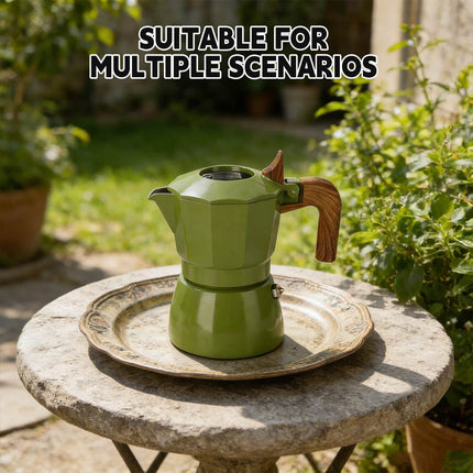 Double Valve Moka Pot Italian Espresso Coffee Maker Aluminium Green Wood Handle