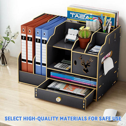 Wooden Desktop Storage Rack Office File Holder Organiser Drawer Black Wood Grain