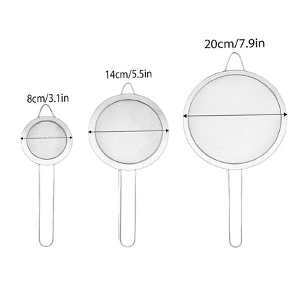 Premium 3pcs Stainless Steel Handheld Flour Sifter Mesh Strainer Funnel Set