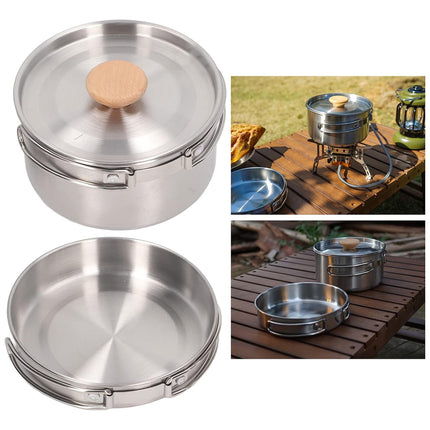 2PCS 304 Stainless Steel Camping Pot and Pan Set With Folding Handles Outdoor