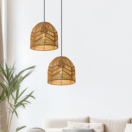 Brown Paper Rope Pendant Light Handwoven Rattan Style Lampshade for Home Decor