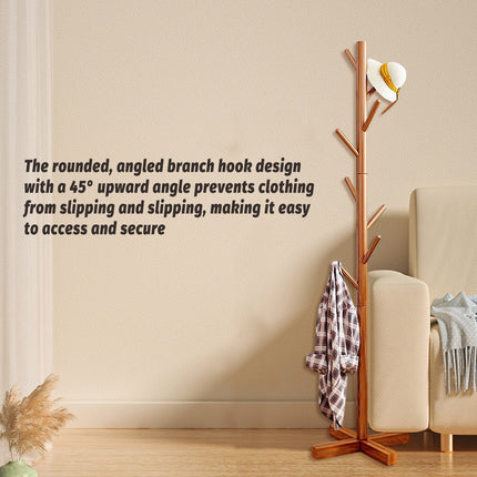 Freestanding Wooden Coat Rack Clothes Hanger with 8 Hooks for Entryway Bedroom