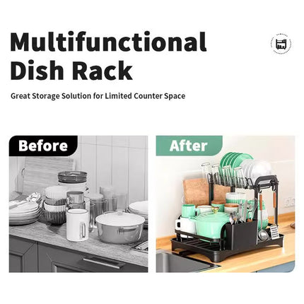 Kitchen Dish Drying Rack 2 Tier Carbon Steel Black 42x30x32cm Telescopic Drain