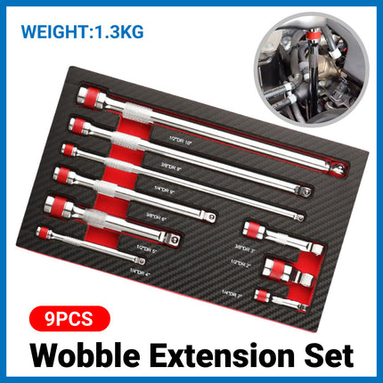 9 Pcs Wobble Extension Bar Set with CR-V Steel and Three Drive Sizes