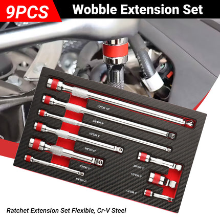 9 Pcs Wobble Extension Bar Set with CR-V Steel and Three Drive Sizes