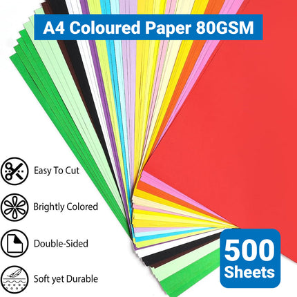 500 Sheets A4 Coloured Paper 80GSM 6 Colours for Craft Scrapbook School Project