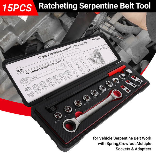 15PCS Ratcheting Serpentine Belt Tool Set CR-V Steel for Car Truck Engine Repair
