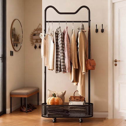 Moveable Clothes Rack 60x34x170cm Metal Frame Mesh Basket Hooks Wheels for Home