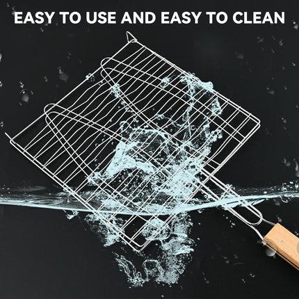 Barbecue Net Clamp Iron Wire Mesh with Wooden Handle for Camping Grill