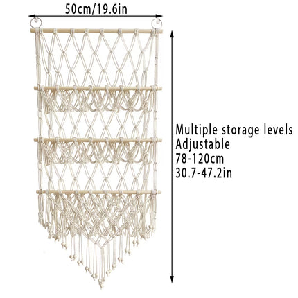 Macrame Wall Storage Rack Cotton Rope Off-White Adjustable Height